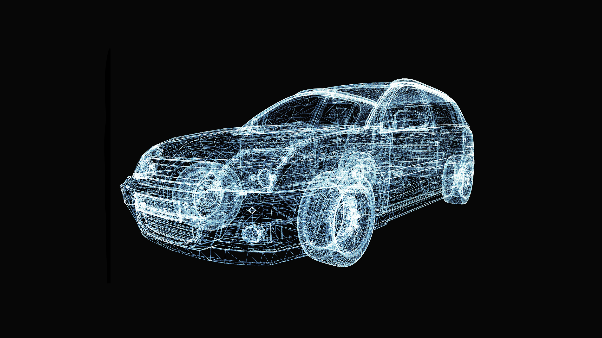 Abstrakte Grafik eines Autos mit leuchtenden Linien und Punkten. 3D-Illustration auf schwarzem Hintergrund. 