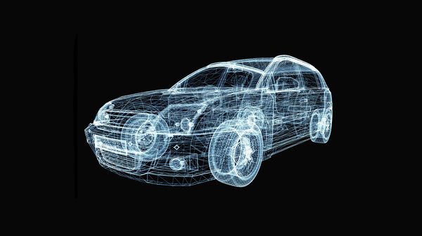 Abstrakte Grafik eines Autos mit leuchtenden Linien und Punkten. 3D-Illustration auf schwarzem Hintergrund.