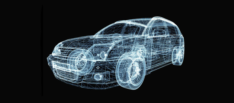 Abstrakte Grafik eines Autos mit leuchtenden Linien und Punkten. 3D-Illustration auf schwarzem Hintergrund.