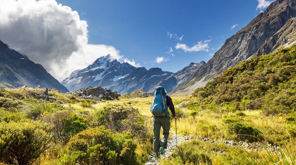 Das Bild zeigt einen Wanderer von hinten, er trägt einen blauen Rucksack und Wanderstöcke. Im Hintergrund befindet sich ein Bergpanorama.