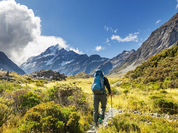 Das Bild zeigt einen Wanderer von hinten, er trägt einen blauen Rucksack und Wanderstöcke. Im Hintergrund befindet sich ein Bergpanorama.