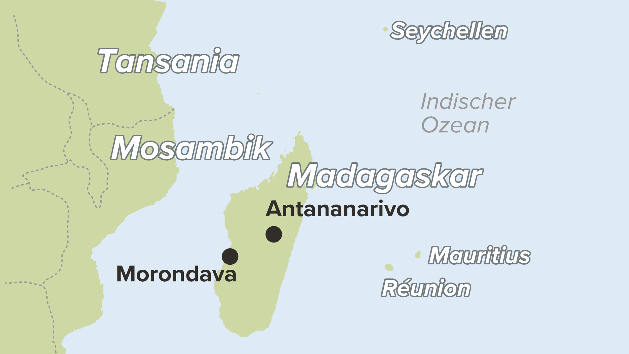 Karte Madagaskar mit den umliegenden Inseln eingezeichnet und der Süd-Ostküste Afrikas.