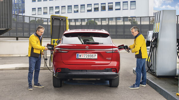 MG HS+ von hinten links und rechts Person