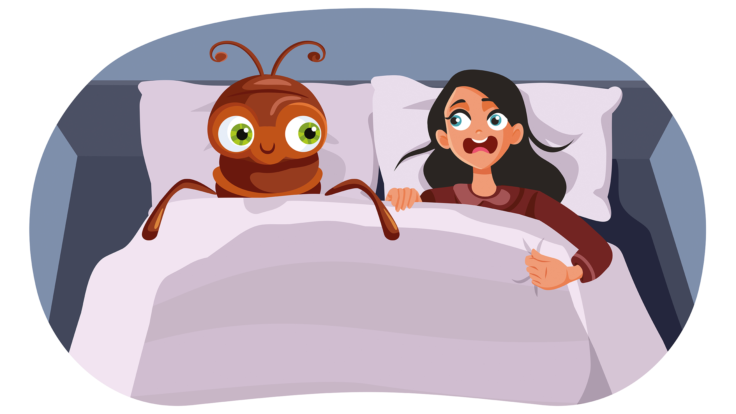 Illustration einer Frau, die im Bett neben einer überdimensionalen Wanze liegt