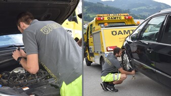 Es sind zwei Bilder zu sehen: links beugt sich ein Pannenhelfer über die offene Motorhaube eines Autos. Im rechten Bild befestigt ein Pannenhelfer ein Auto, um es abzuschleppen.