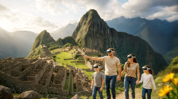 Visual der immersiven Ausstellung von Machu Piccu. Eine Familie mit VR-Brille im Hintergrund die Bergwelt bei Machu Piccu.