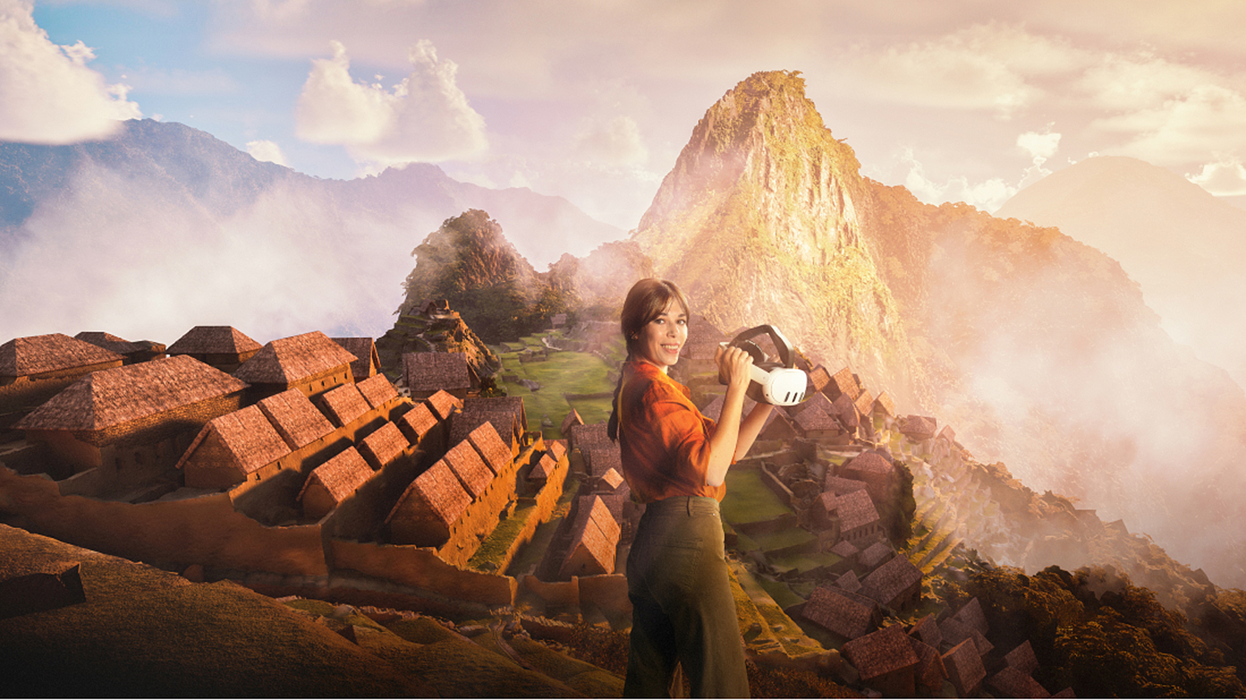 Visual der immersiven Ausstellung von Machu Piccu. Eine Frau mit VR-Brille steht bei den Ruinen der alten Stadt.