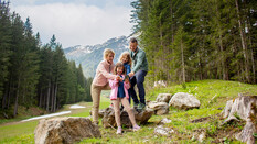 Eine Familie beim Wandern. Sie stehen auf einem felsigen Weg und betrachten das Handy, da es ein digitales Wandererlebnis ist.
