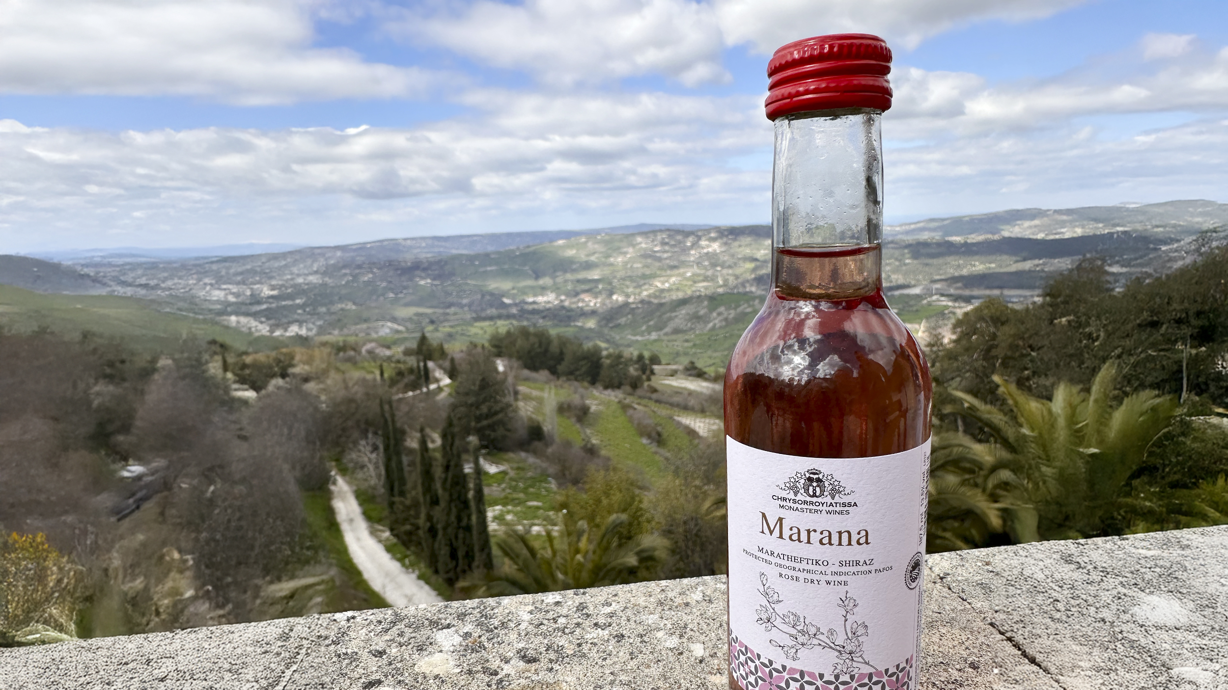 Kleine Weinflasche auf Steinmauer, dahinter weite Landschaft.