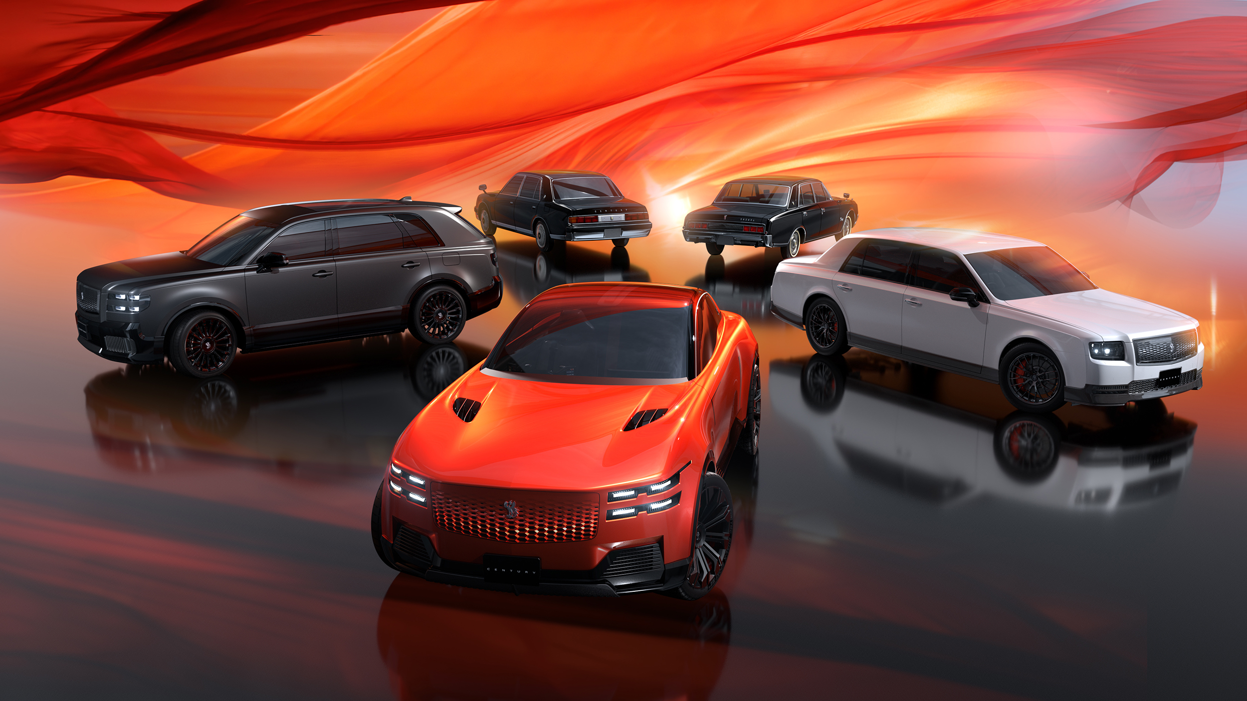 Drei schwarze, ein weißes und ein oranges Auto von Century im Kreis aufgestellt