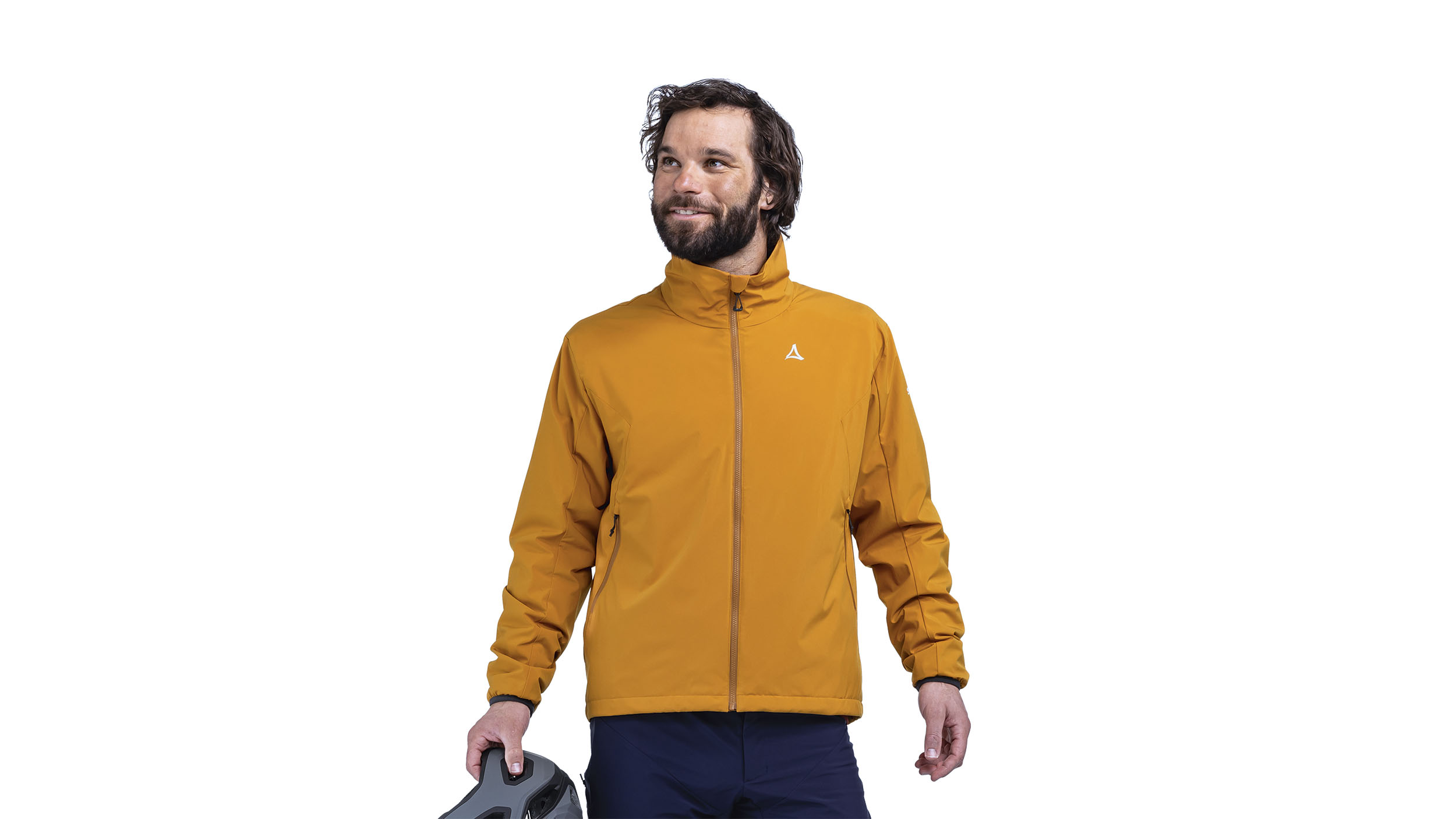 Produktbild einer gelben Radwindjacke, die ein Mann mit Bart anhat.