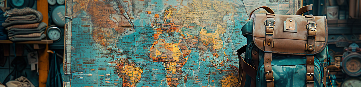 Auf dem Bild sieht man eine Weltkarte, davor steht ein Rucksack.