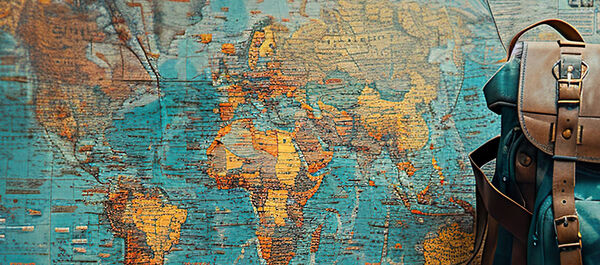 Auf dem Bild sieht man eine Weltkarte, davor steht ein Rucksack.