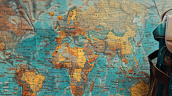 Auf dem Bild sieht man eine Weltkarte, davor steht ein Rucksack.