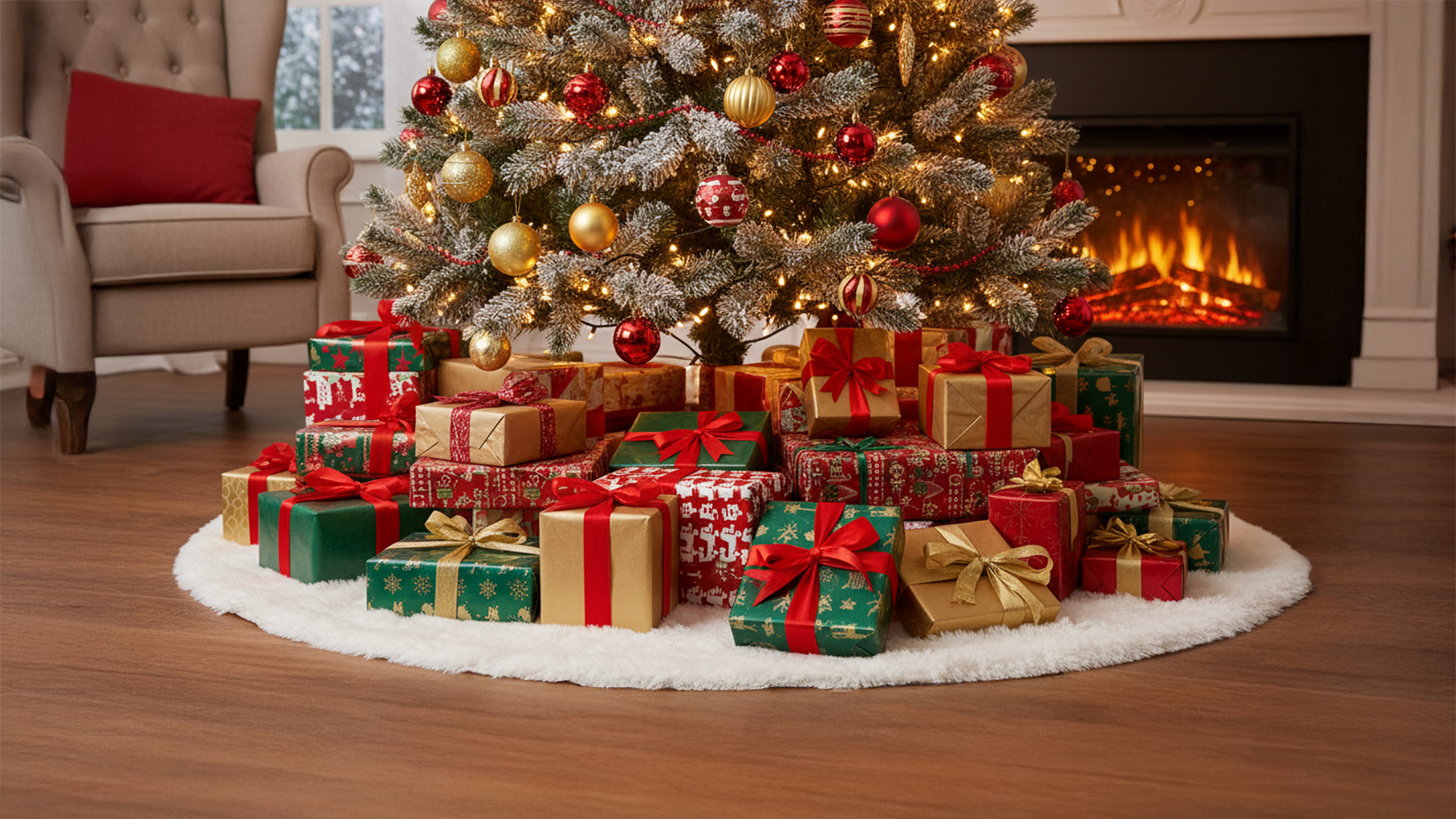 Ein geschmückter Weihnachtsbaum mit vielen Geschenken davor und im Hintergrund ein brennendes Kaminfeuer.