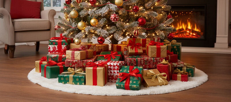Ein geschmückter Weihnachtsbaum mit vielen Geschenken davor und im Hintergrund ein brennendes Kaminfeuer.