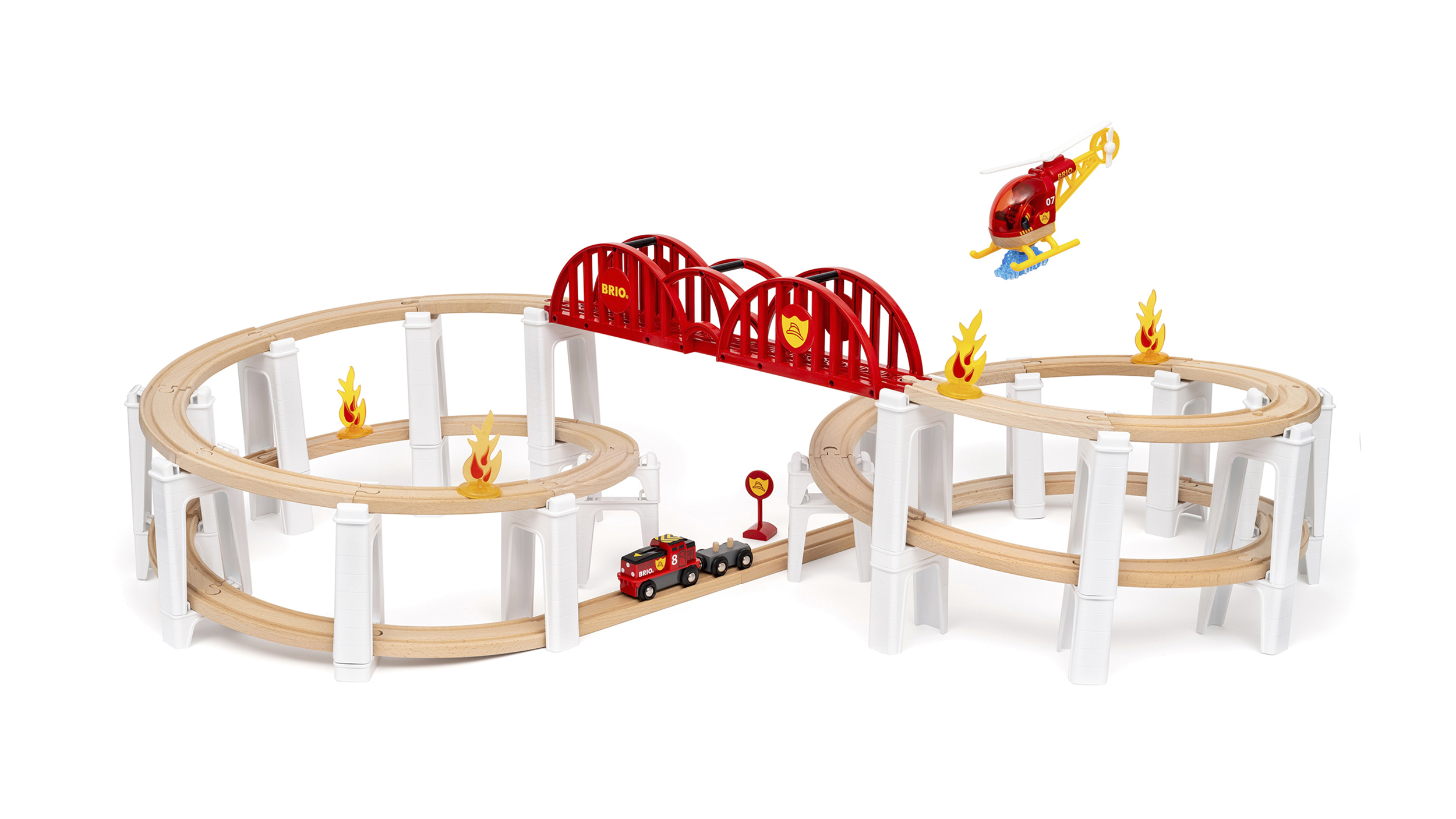 Produktfoto: Eisenbahn Set aus Holz mit spiralförmigem Gleisaufbau.