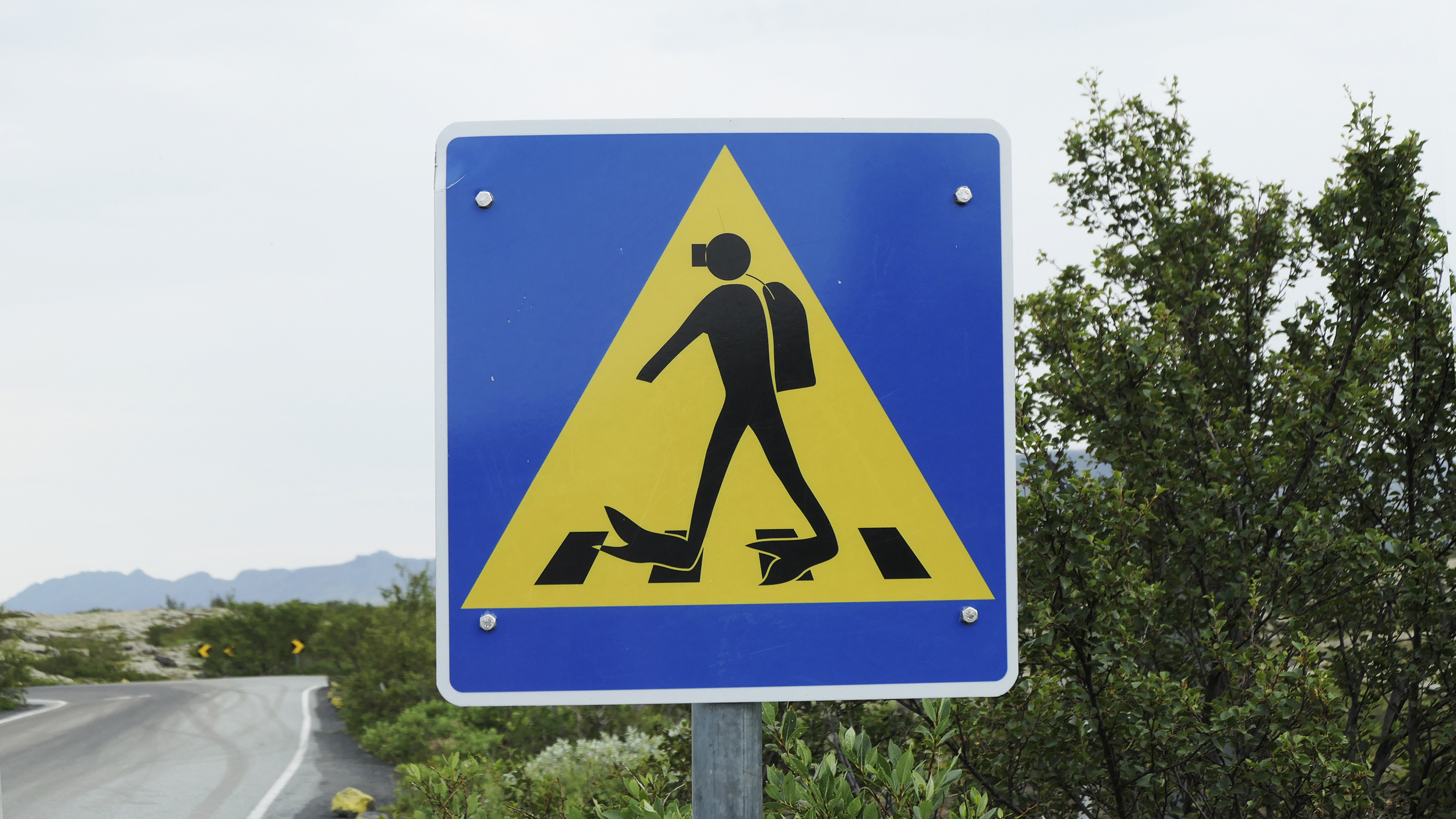 Ein lustiges Verkehrszeichen: ein Taucher geht über die Sraße am Schutzweg.