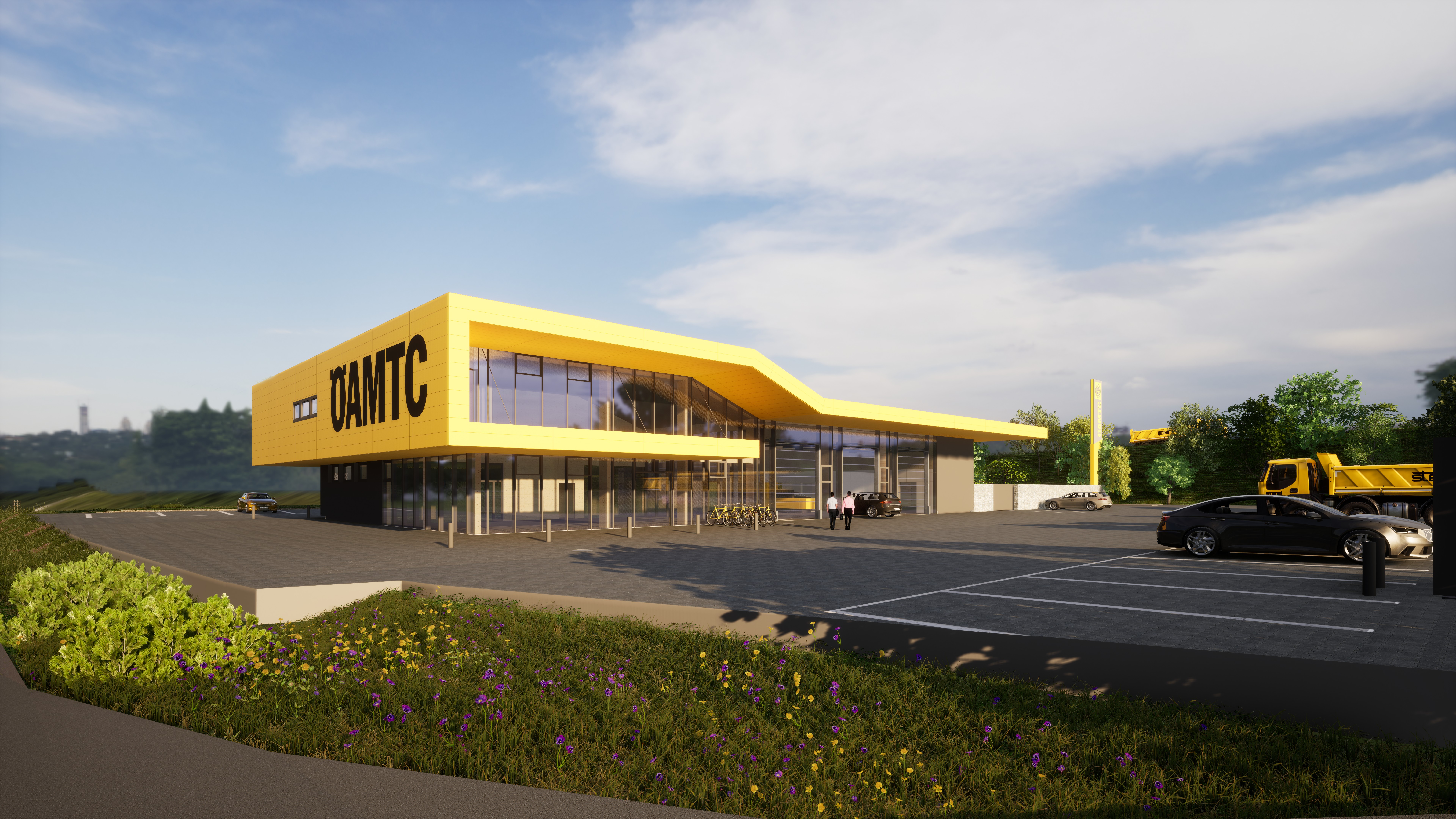 Rendering des ÖAMTC-Stützpunktes in Melk mit markanter gelber Dachform, großer Glasfront und weitläufigem Parkplatz mit ein paar geparkten Autos. Zwei Besucher:innen gehen Richtung Eingang des Gebäudes.