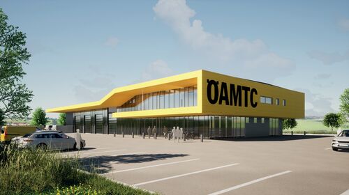 Das Bild ist ein Rendering des Stützpunktes in Oberwart. Es zeigt ein modernes, gelbes Gebäude.