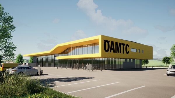 Das Bild ist ein Rendering des Stützpunktes in Oberwart. Es zeigt ein modernes, gelbes Gebäude.