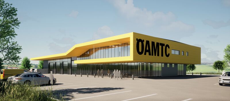 Das Bild ist ein Rendering des Stützpunktes in Oberwart. Es zeigt ein modernes, gelbes Gebäude.