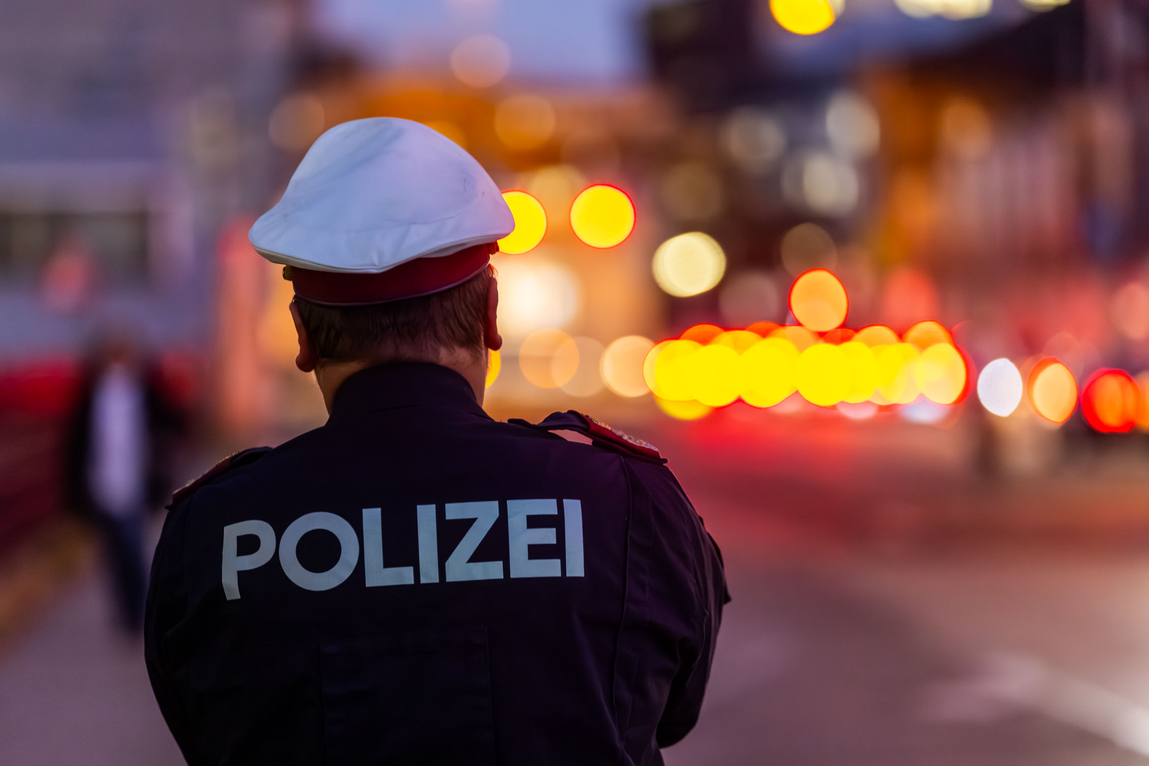 Auf dem Bild sieht man einen Polizisten von hinten, der den Verkehr beobachtet.