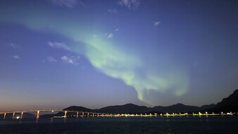 Grün schimmerndes Nordlicht über dem Meer und einer Brücke.