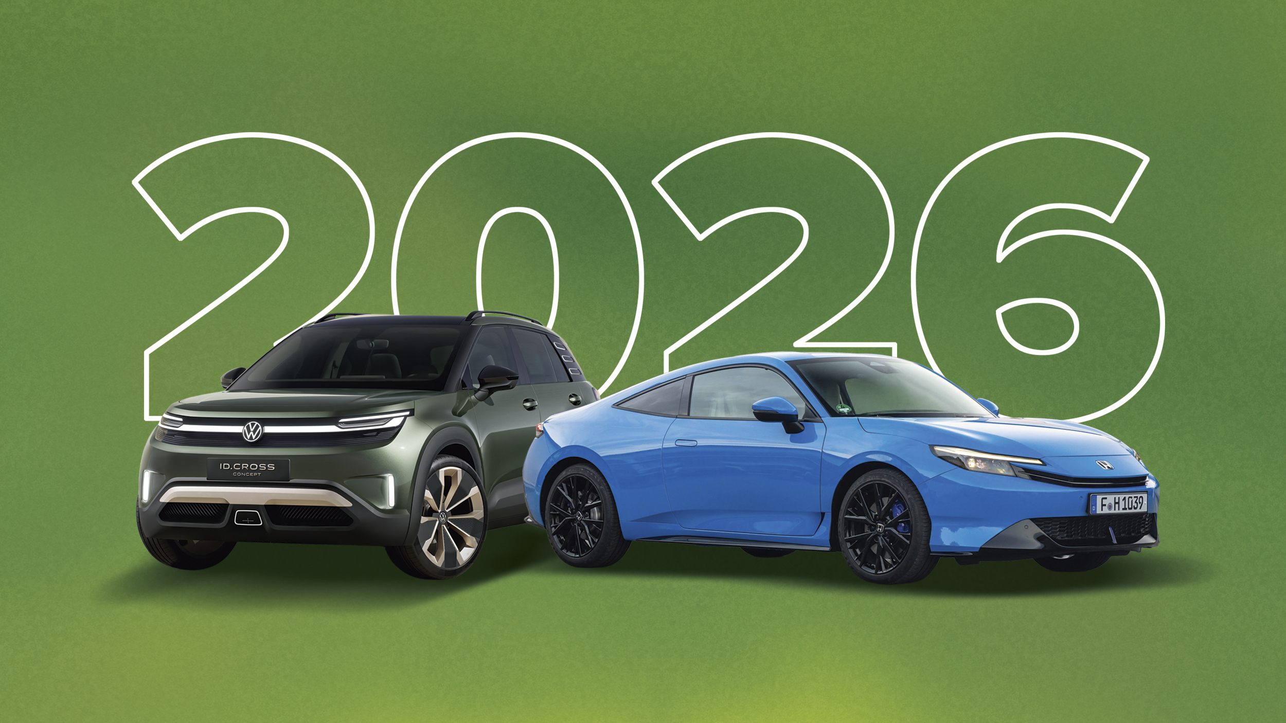 Ein dunkelgrünes und ein blaues Auto vor grünem Grund