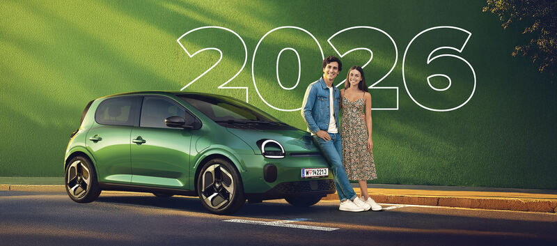 Ein Paar steht neben einem grünen Renault Twingo.
