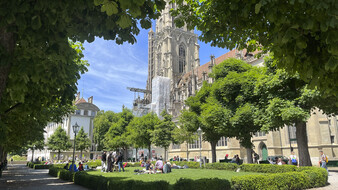 Berner Münster mit Bäumen im Vordergrund.