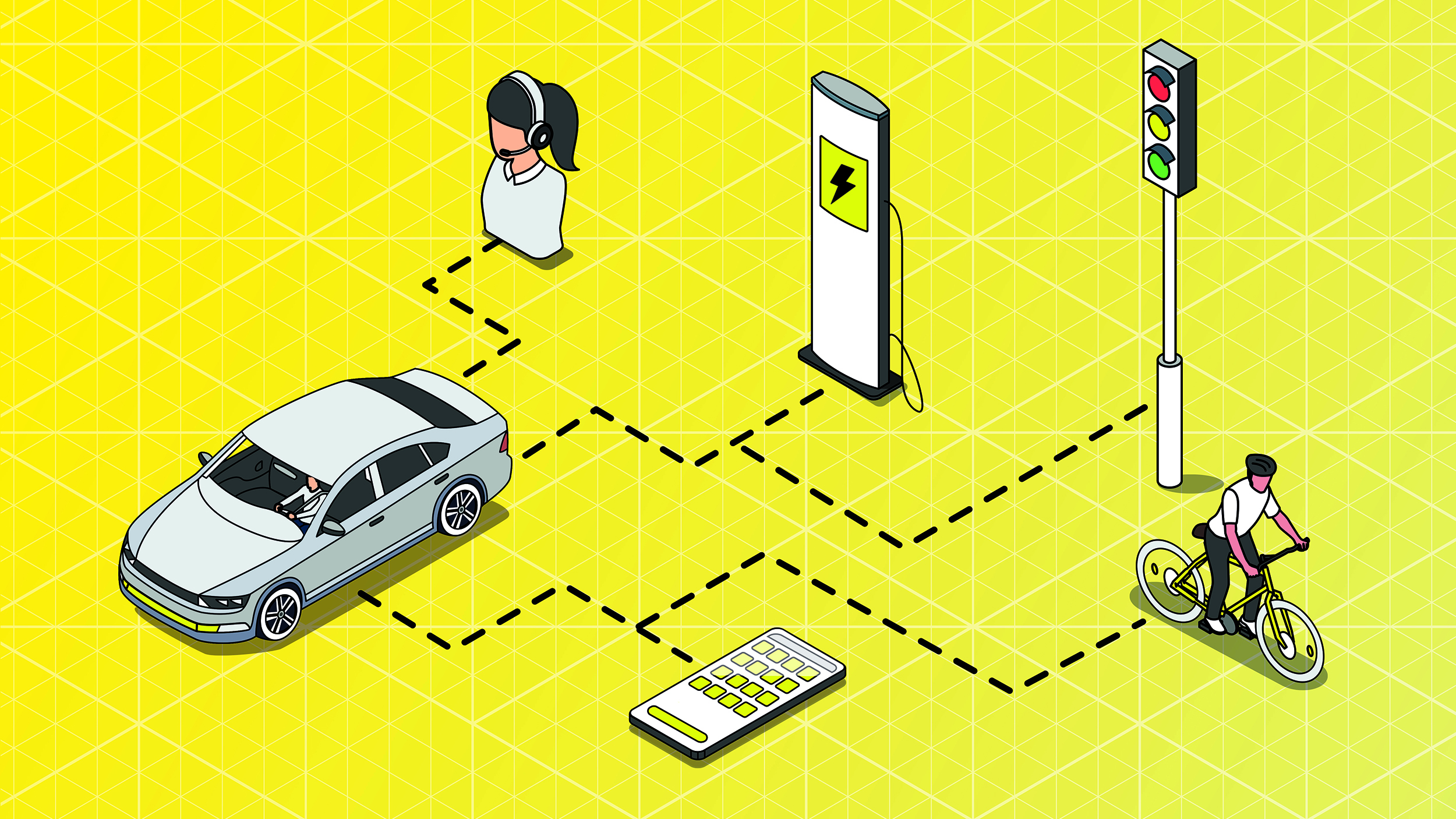 Illustration eines Autos, das mit verschiedenen Geräten und Stellen verbunden ist