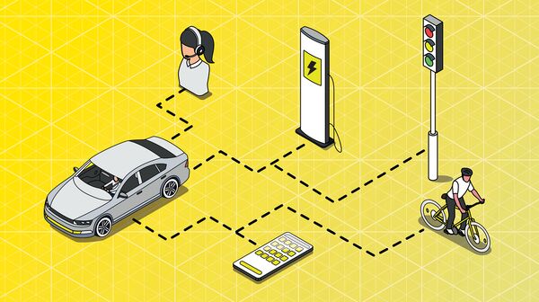 Illustration eines Autos, das mit verschiedenen Geräten und Stellen verbunden ist