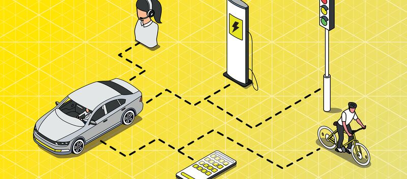 Illustration eines Autos, das mit verschiedenen Geräten und Stellen verbunden ist