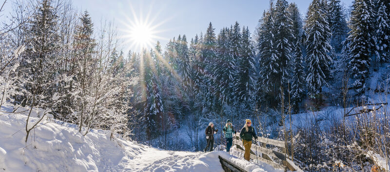 winterwanderer gehen entlang eines Baches mit Wanderstöcken. Die Sonne scheint und der Schnee glitzert.