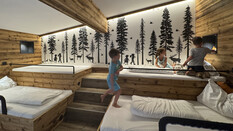Kinder tollen im Hotelzimmer herum.