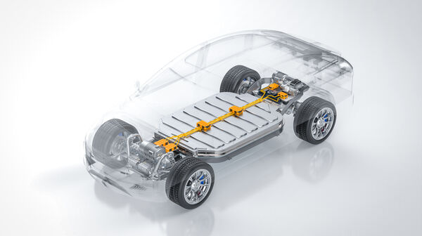 3D-Rendering einer E-Auto-Batterie in einem durchsichtigen Auto