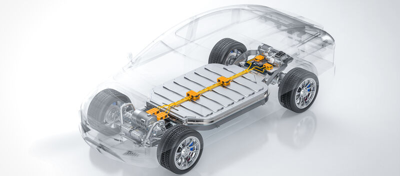 3D-Rendering einer E-Auto-Batterie in einem durchsichtigen Auto
