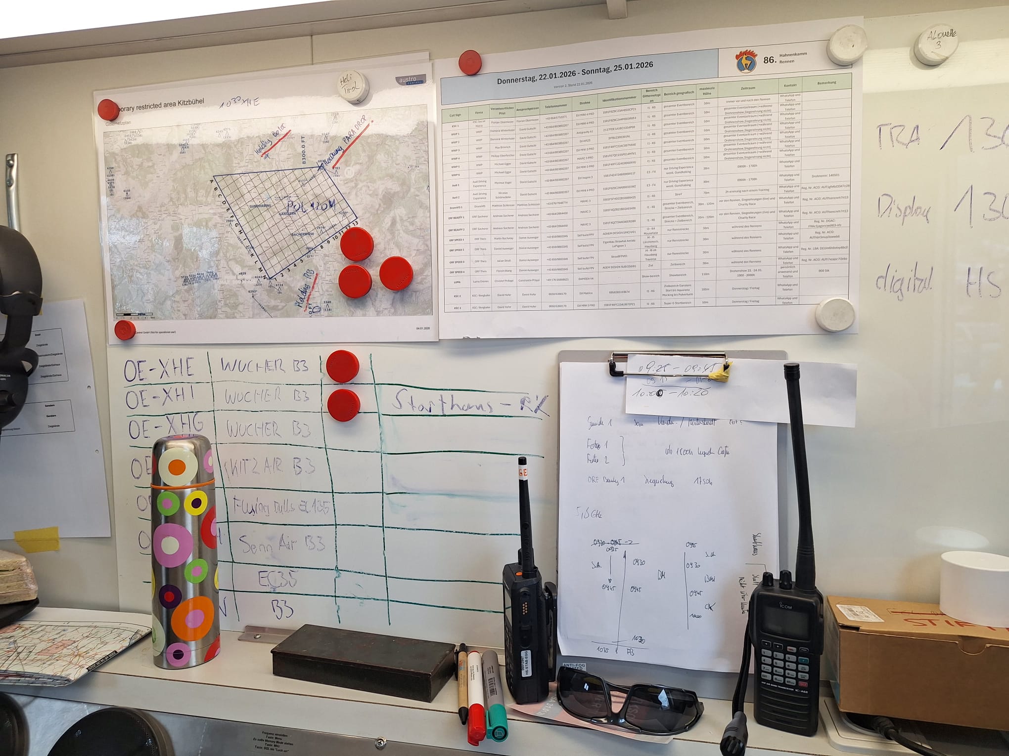 Auf dem Bild sieht man einen unaufgeräumten Arbeitstisch mit zwei Funkgeräten.