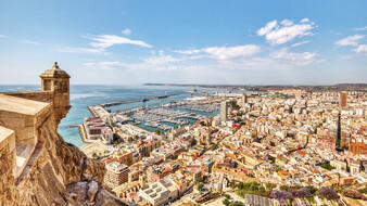 Santa Barbara Castle with Alicante Panorama Aerial View, Alicante, Spain Keywords: alicante, spain, santa, barbara, castle, city, aerial, cityscape, landscape, skyline, sunny, panorama, coast, view, house, spanish, port, building, sea, mountain, architecture, europe, urban, mediterranean, harbor, roof, destination, european, landmark, viewpoint, blue, stone, rock, medieval, cliff, fortress, tower, town, historical, historic, castillo, fort, south, heritage, boat, yacht, shore, monument, costa, blanca