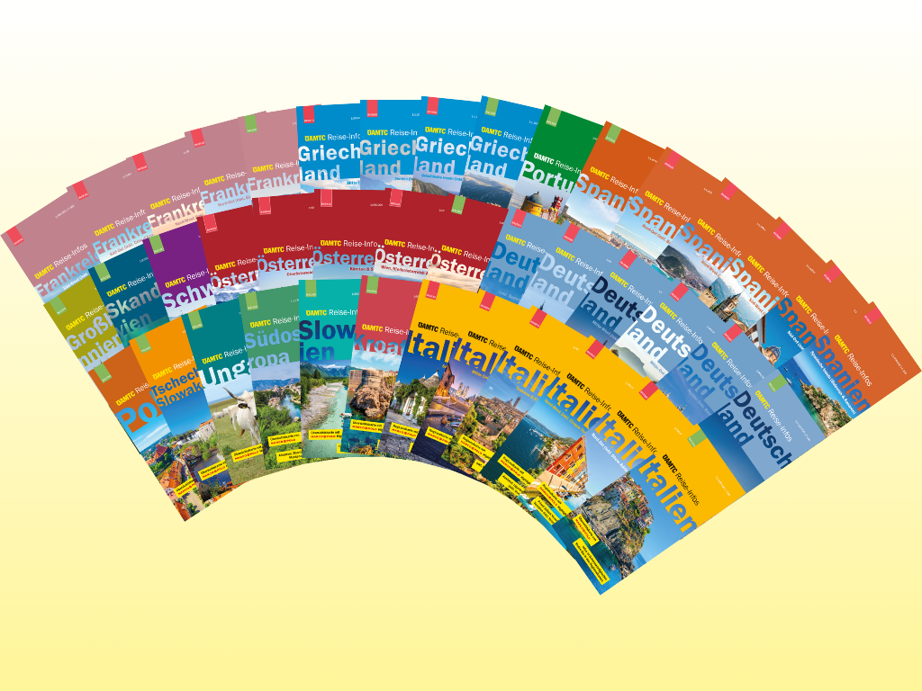 Eine fächerförmige Anordnung farbenfroher Reiseführer vor leuchtend gelbem Hintergrund. Jedes Cover zeigt Ländernamen und lebendige Landschaftsbilder.