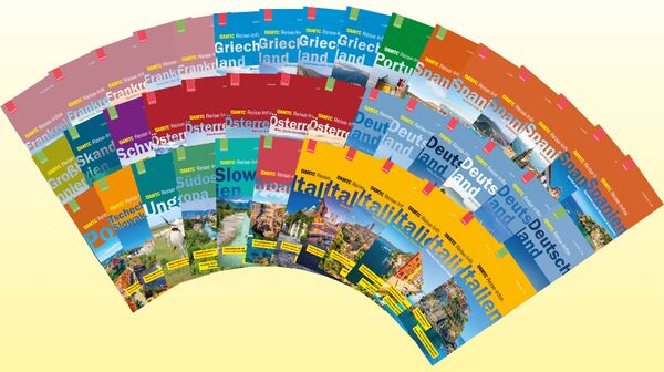 Eine fächerförmige Anordnung farbenfroher Reiseführer vor leuchtend gelbem Hintergrund. Jedes Cover zeigt Ländernamen und lebendige Landschaftsbilder.