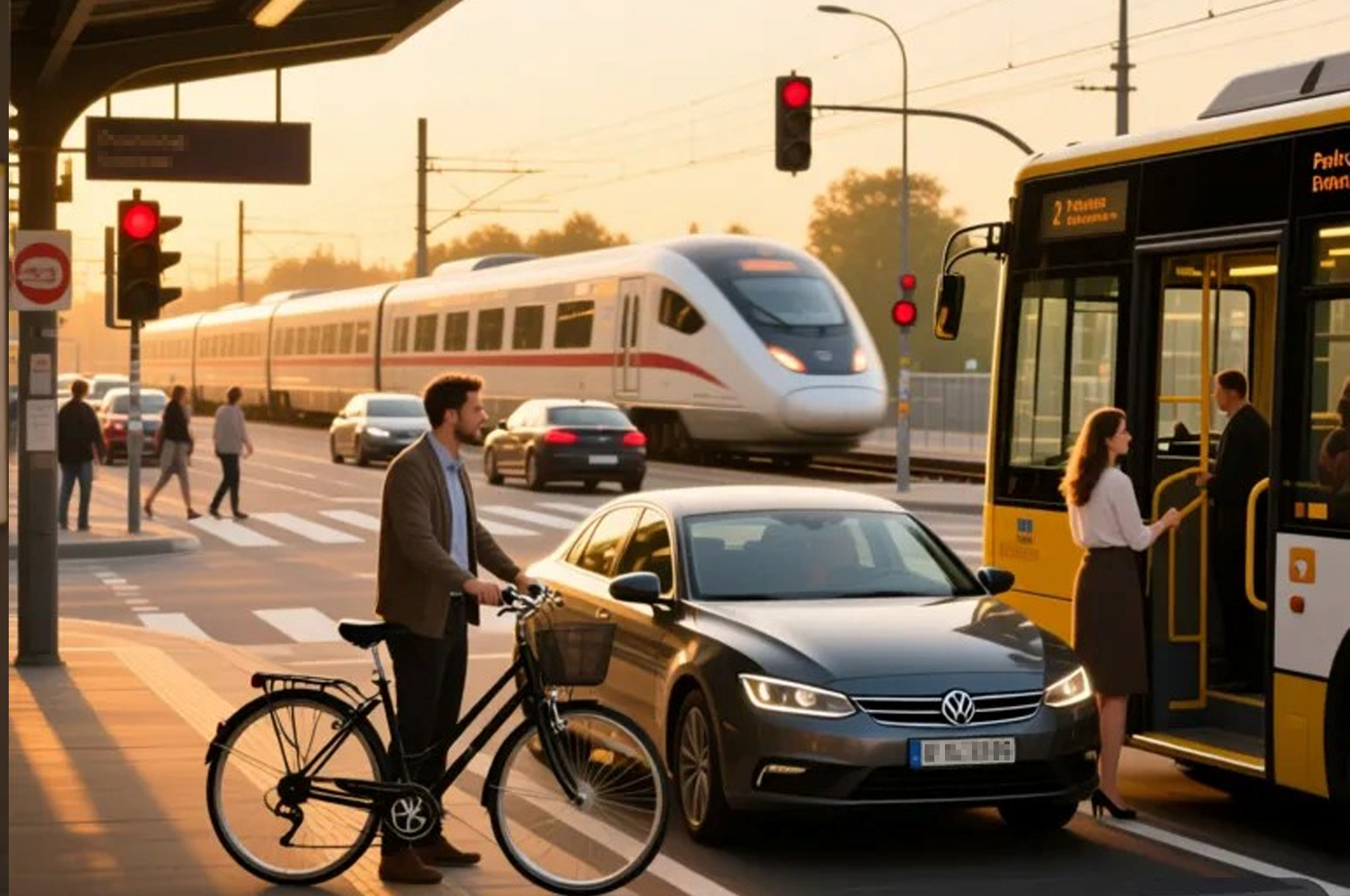 Auto, Fahrradfahrer, eine Frau, die in den Bus einsteigt, eine S-Bahn