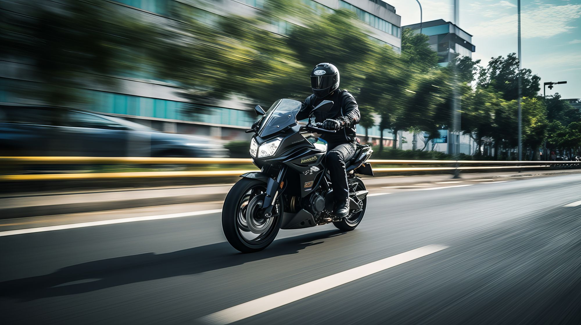 Ein Motorradfahrer in der Stadt, mit Helm und vollständiger Ausrüstung, fährt auf einer Straße. Im Hintergrund ein großes Bürogebäude und Bäume.