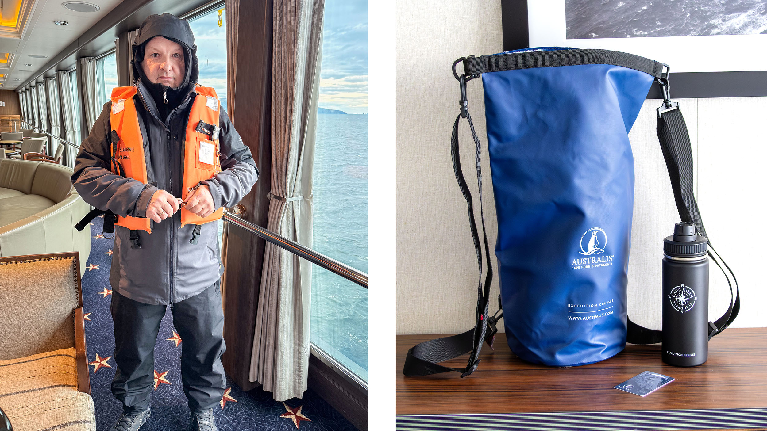 Redakteur Helmut Eckler mit Regenjacke, Regenhose und Schwimmweste vor dem Ausflug UND Drybag plus Wasserflasche