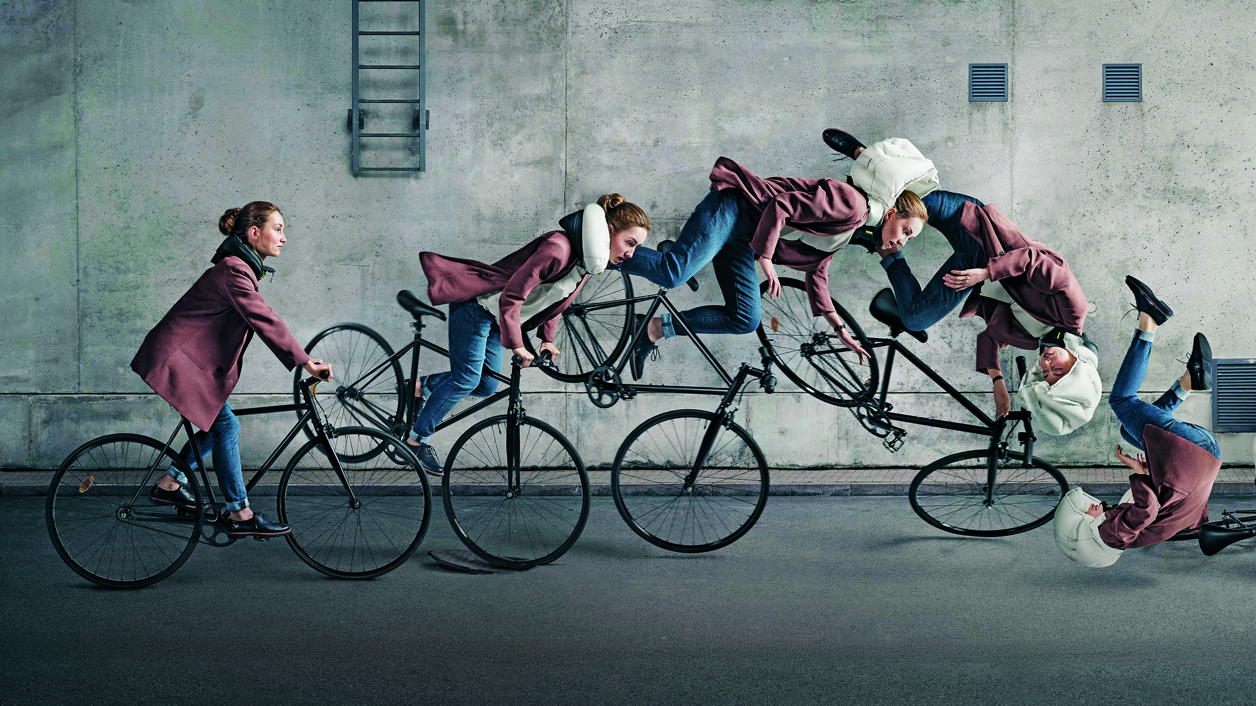 Bild zeigt die Funktionsweise eines Fahrrad-Airbags, wenn der Radfahrer stürzt.