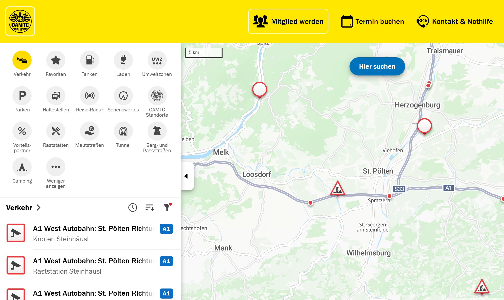 Screenshot des ÖAMTC-Routenplaners, in dem Verkehrslage aktiviert ist.