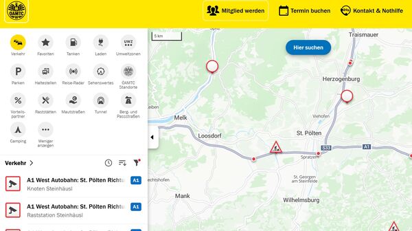 Screenshot des ÖAMTC-Routenplaners, in dem Verkehrslage aktiviert ist.