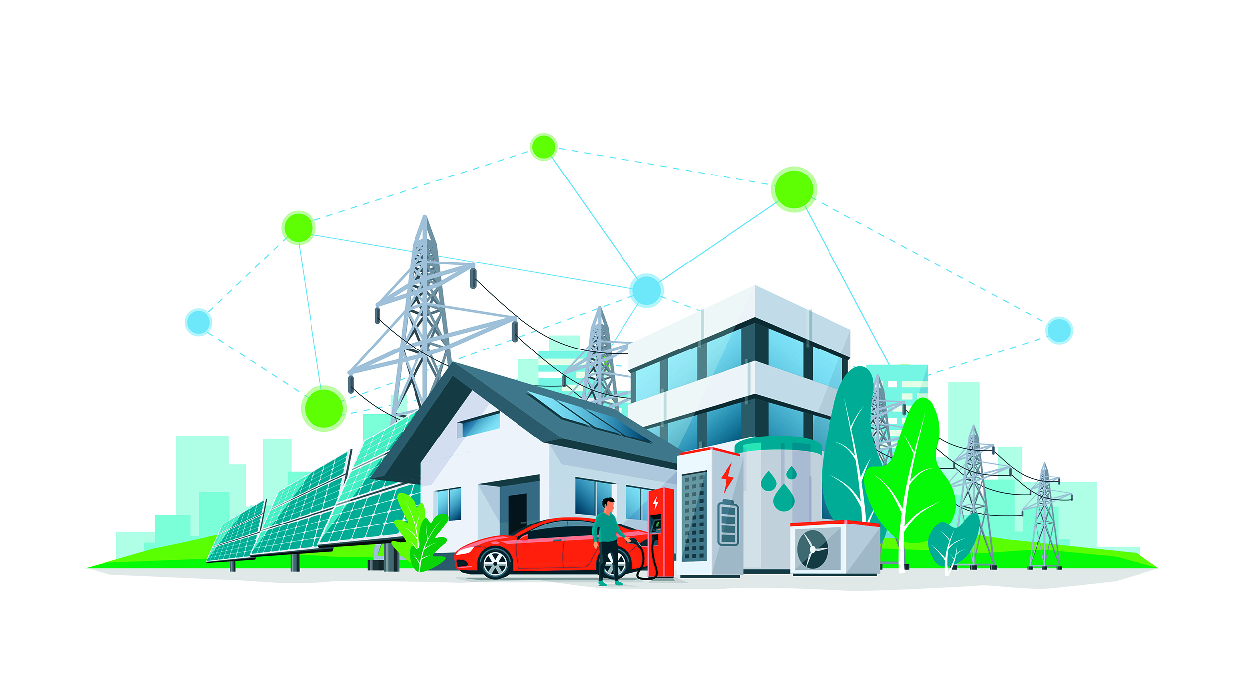Illustration einer Stadt, in der ein Elektroauto mit dem Stromnetz verbunden ist