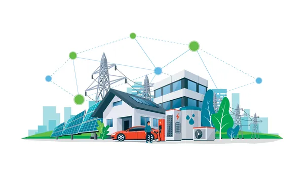 Illustration einer Stadt, in der ein Elektroauto mit dem Stromnetz verbunden ist